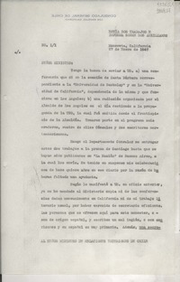 [Oficio] N° 11, 1947 ene. 27, Monrovia, California, [Estados Unidos] [al] Señor Ministro de Relaciones Exteriores de Chile