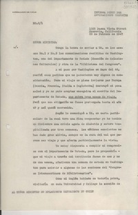 [Oficio] N° 21, 1947 feb. 22, Monrovia, California, [Estados Unidos] [al] Señor Ministro de Relaciones Exteriores de Chile