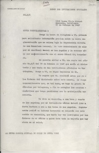[Oficio] N° 23, 1947 feb. 23, Monrovia, California, [Estados Unidos] [al] Señor Cónsul General de Chile en Nueva York