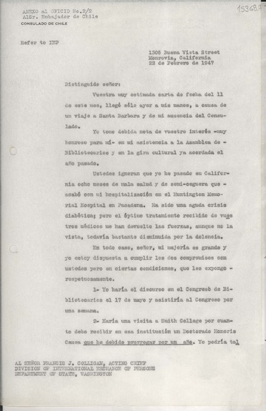 [Oficio] N° 24, 1947 feb. 23, Monrovia, California, [Estados Unidos] [al] Señor Cónsul General de Chile en Nueva York
