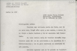 [Oficio] N° 24, 1947 feb. 23, Monrovia, California, [Estados Unidos] [al] Señor Cónsul General de Chile en Nueva York