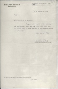 [Oficio] N° 46, 1939 feb. 25, [EE.UU.] [al] Señor Encargado de Negocios de Chile, Washington, [EE.UU.]