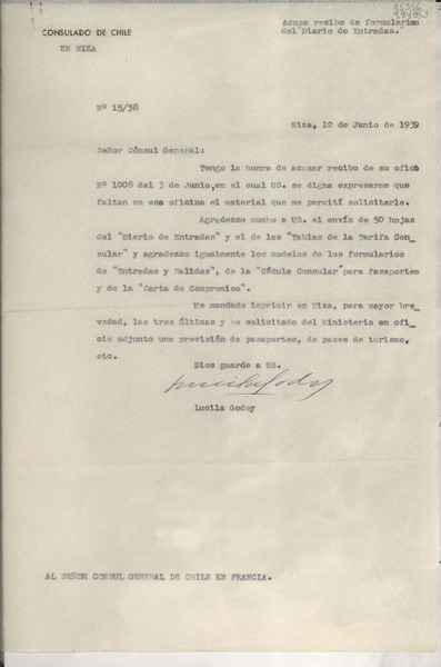 [Oficio] N° 1538, 1939 jun. 12, Niza, [Francia] [al] Señor Cónsul General de Chile en Francia