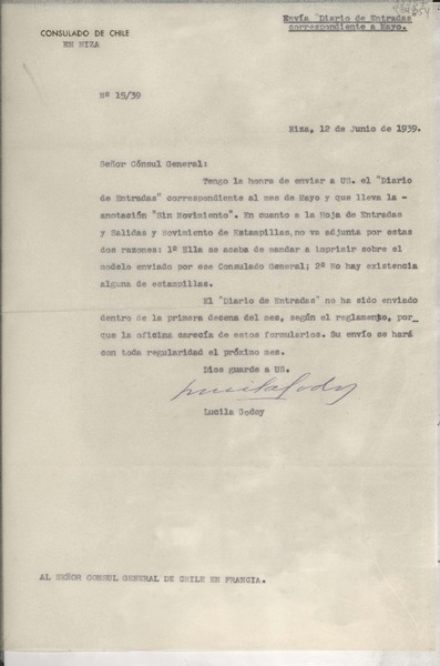 [Oficio] N° 1539, 1939 jun. 12, Niza, [Francia] [al] Señor Cónsul General de Chile en Francia