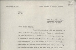 [Oficio] N° 83, 1947 mar. 18, Monrovia, California, [Estados Unidos] [al] Señor Cónsul General de Chile en Nueva York