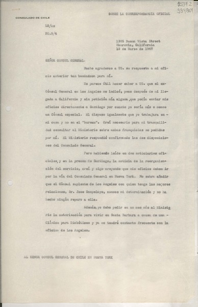 [Oficio] N° 94, 1947 mar. 18, Monrovia, California, [Estados Unidos] [al] Señor Cónsul General de Chile en Nueva York