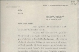 [Oficio] N° 94, 1947 mar. 18, Monrovia, California, [Estados Unidos] [al] Señor Cónsul General de Chile en Nueva York