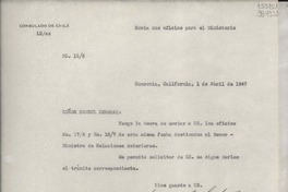 [Oficio] N° 196, 1947 abr. 1, Monrovia, California, [Estados Unidos] [al] Señor Cónsul General de Chile en Nueva York