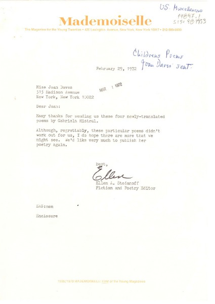 [Carta] 1972 feb. 29, [New York, Estados Unidos] [a] Joan Daves, New York, [Estados Unidos]