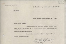 [Oficio] N° 5518, 1947 ago. 25, Santa Barbara, [Estados Unidos] [al] Señor Cónsul General de Chile en Nueva York