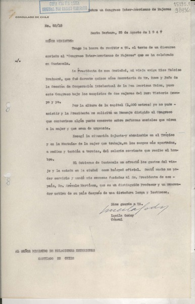 [Oficio] N° 5318, 1947 ago. 25, Santa Barbara, [Estados Unidos] [al] Señor Ministro de Relaciones Exteriores, Santiago de Chile