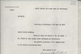 [Oficio] N° 3510, 1947 Mayo 3, Monrovia, California, [EE.UU.] [al] Señor Cónsul General de Chile en Nueva York, [EE.UU.]
