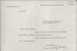 [Oficio] N° 3811, 1947 jun. 5, Santa Barbara, California, [EE.UU.] [al] Señor Cónsul General de Chile en Nueva York, [EE.UU.]