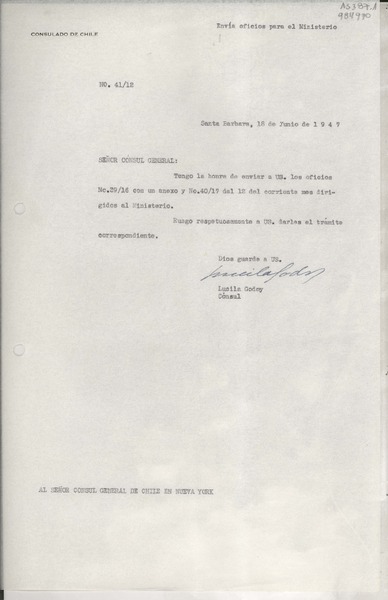 [Oficio] N° 4112, 1947 jun. 18, Santa Barbara, [EE.UU.] [al] Señor Cónsul General de Chile en Nueva York, [EE.UU.]