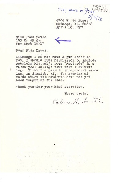 [Carta] 1972 may 17, Chicago, [Estados Unidos] [a] Joan Daves, New York, [Estados Unidos]