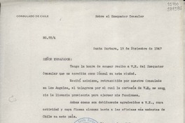 [Oficio] N° 734, 1947 dic. 18, Santa Barbara, [Estados Unidos] [al] Señor Embajador de Chile en Washington