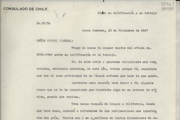 [Oficio] N° 7524, 1947 dic. 18, Santa Barbara, [Estados Unidos] [al] Señor Cónsul General de Chile en Nueva York