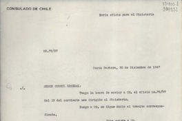 [Oficio] N° 7927, 1947 dic. 20, Santa Barbara, [Estados Unidos] [al] Señor Cónsul General de Chile en Nueva York