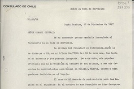 [Oficio] N° 8028, 1947 dic. 27, Santa Barbara, [Estados Unidos] [al] Señor Cónsul General de Chile en Nueva York