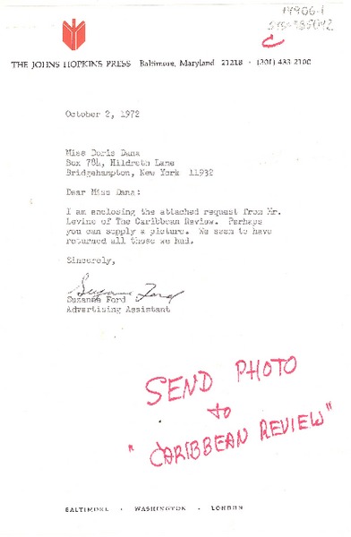 [Carta] 1972 sep. 21, [Baltimore, Maryland, Estados Unidos] [a] , Doris Dana, Bridghampton, New York, [Estados Unidos]