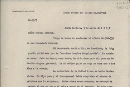 [Oficio] N° 197, 1948 mar. 5, Santa Barbara, [Estados Unidos] [al] Señor Cónsul General de Chile en Nueva York