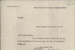 [Oficio] N° 208, 1948 mar. 5, Santa Barbara, [Estados Unidos] [al] Señor Cónsul General de Chile en Nueva York