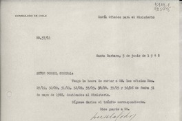 [Oficio] N° 3711, 1948 jun. 5, Santa Barbara, [EE.UU.] [al] Señor Cónsul General de Chile en Nueva York, [EE.UU.]