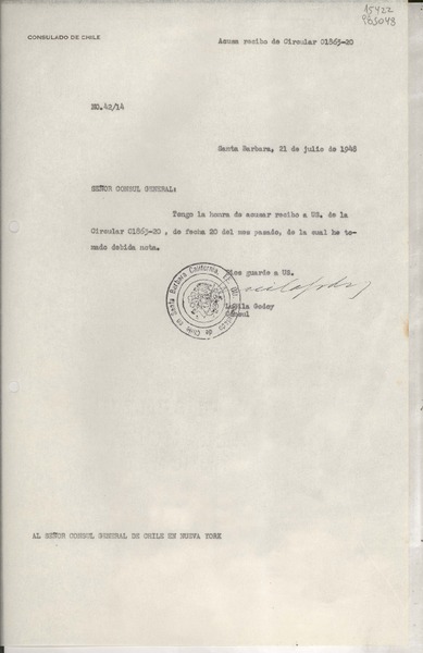 [Oficio] N° 4214, 1948 jul. 21, Santa Barbara, [EE.UU.] [al] Señor Cónsul General de Chile en Nueva York, [EE.UU.]