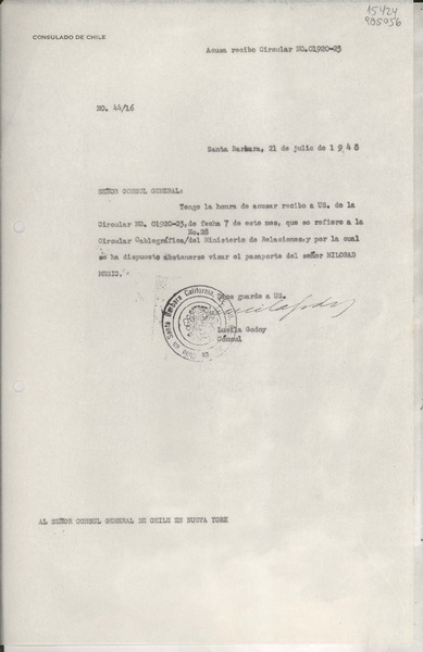 [Oficio] N° 4416, 1948 jul. 21, Santa Barbara, [EE.UU.] [al] Señor Cónsul General de Chile en Nueva York, [EE.UU.]