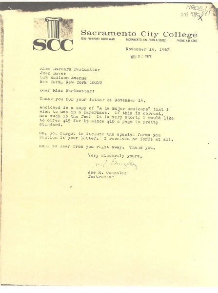 [Carta] 1972 nov. 19, [Sacramento, California, Estados Unidos] [a] Barbara Perlmutter, New York, [Estados Unidos]