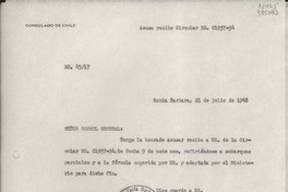 [Oficio] N° 4517, 1948 jul. 21, Santa Barbara, [EE.UU.] [al] Señor Cónsul General de Chile en Nueva York, [EE.UU.]