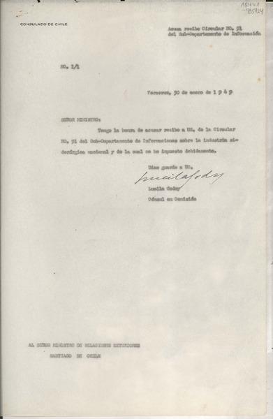 [Oficio] N° 11, 1949 ene. 30, Veracruz, [México] [al] Señor Ministro de Relaciones Exteriores, Santiago de Chile