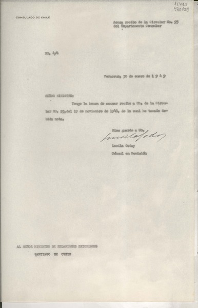 [Oficio] N° 44, 1949 ene. 30, Veracruz, [México] [al] Señor Ministro de Relaciones Exteriores, Santiago de Chile