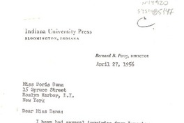 [Carta] 1956 jan. 19, Bloomington, Indiana, [Estados Unidos] [a] Doris Dana, Roslyn Harbor, New York, [Estados Unidos]