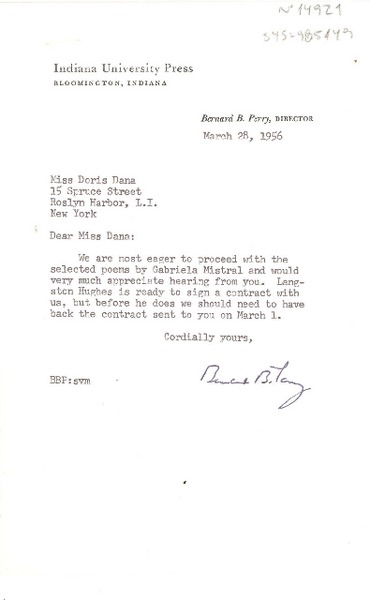 [Carta] 1956 mar. 28, [Bloomington, Indiana, Estados Unidos] [a] Doris Dana, Roslyn Harbor, New York, [Estados Unidos]