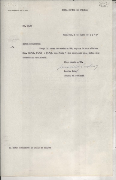 [Oficio] N° 202, 1949 mar. 8, Veracruz, [México] [al] Señor Embajador de Chile en México