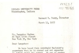 [Carta] 1957 mar. 13, Bloomington, Indiana, [Estados Unidos] [a] Langston Hughes, con copia a Doris Dana y Joan Daves, New York, [Estados Unidos]