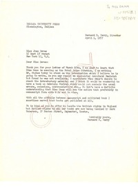 [Carta] 1957 apr. 1, Bloomington, Indiana, [Estados Unidos] [a] Joan Daves, New York, [Estados Unidos]
