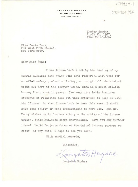 [Carta] 1957 apr. 21, [Princeton, Nueva Jersey, Estados Unidos] [a] Doris Dana, New York, [Estados Unidos]