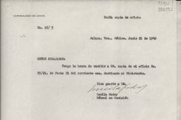 [Oficio] N° 265, 1949 jun. 21, Jalapa, Ver., México [al] Señor Embajador de Chile en México