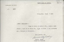 [Oficio] N° 188, 1950 jun. 7, Jalapa, Ver., México [al] Señor Embajador de Chile en México