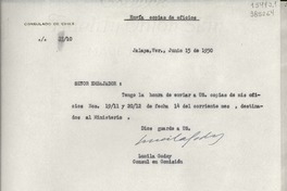 [Oficio] N° 2310, 1950 jun. 15, Jalapa, Ver., México [al] Exmo Señor Embajador de Chile en México, México D. F.