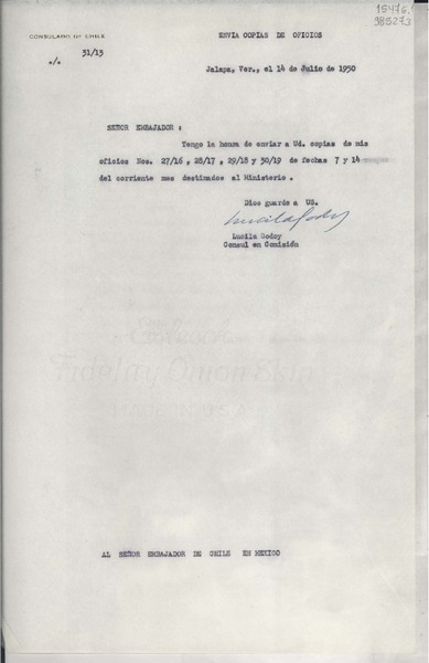 [Oficio] N° 3113, 1950 jul. 14, Jalapa, Ver., México [al] Señor Embajador de Chile en México