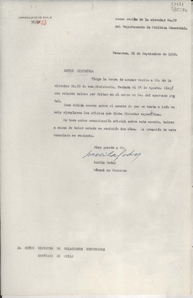 [Oficio] N° 3823, 1950 sept. 21, Veracruz, [México] [al] Señor Ministro de Relaciones Exteriores Santiago de Chile