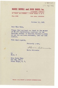 [Carta] 1961 oct. 17, [New York, Estados Unidos] [a] Doris Dana, Pound Ridge, New York, [Estados Unidos]