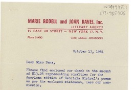 [Carta] 1961 oct. 17, [New York, Estados Unidos] [a] Doris Dana, Pound Ridge, New York, [Estados Unidos]