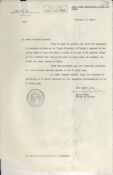 [Oficio] N° 14, 1952 feb. 3, Nápoles, [Italia] [al] Señor Tesorero General de la República [de Chile]