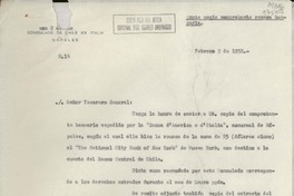 [Oficio] N° 14, 1952 feb. 3, Nápoles, [Italia] [al] Señor Tesorero General de la República [de Chile]