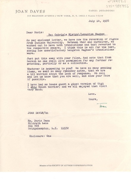 [Carta] 1972 jul. 14, [Estados Unidos] [a] Doris Dana, Bridgehampton, L.I., [Estados Unidos]