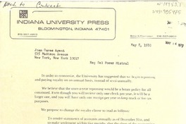 [Carta] 1970 may 8, [Bloomington, Indiana, Estados Unidos] [a] Joan Daves, New York, [Estados Unidos]